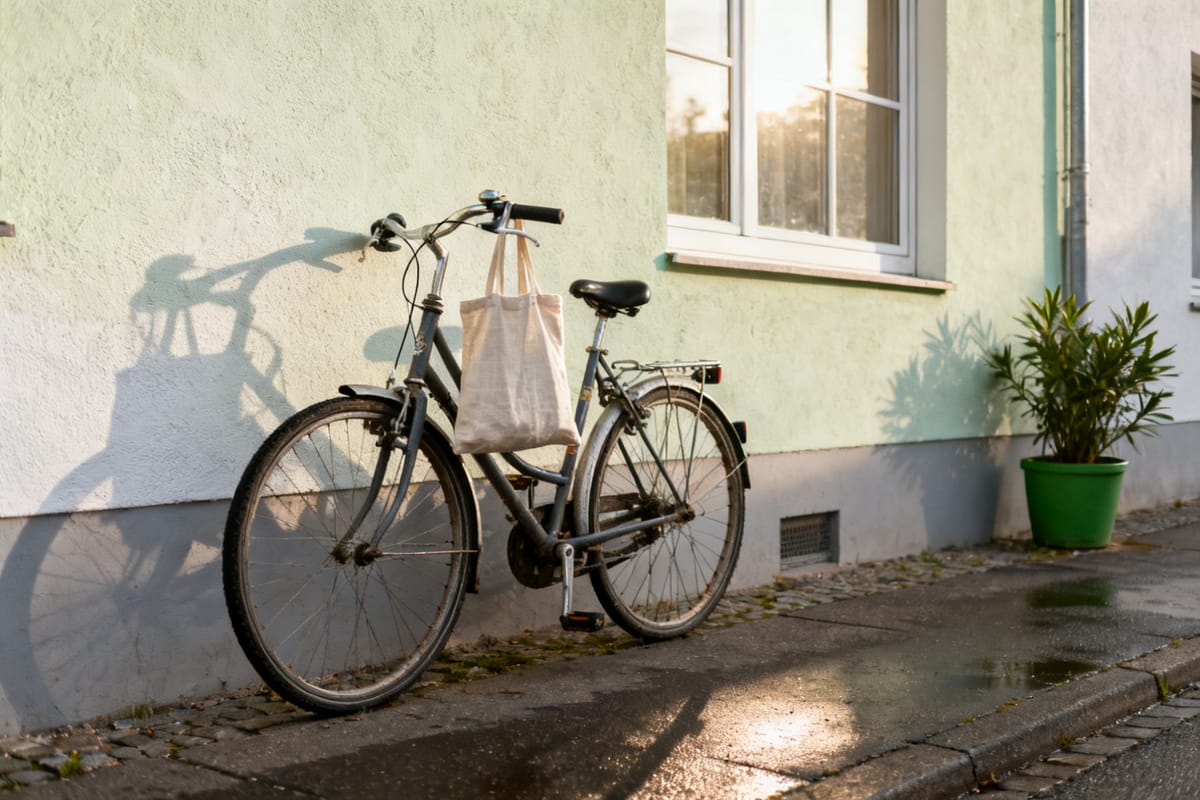 Alltagsfahrrad lehnt im Morgenlicht an einer hell verputzten Hauswand