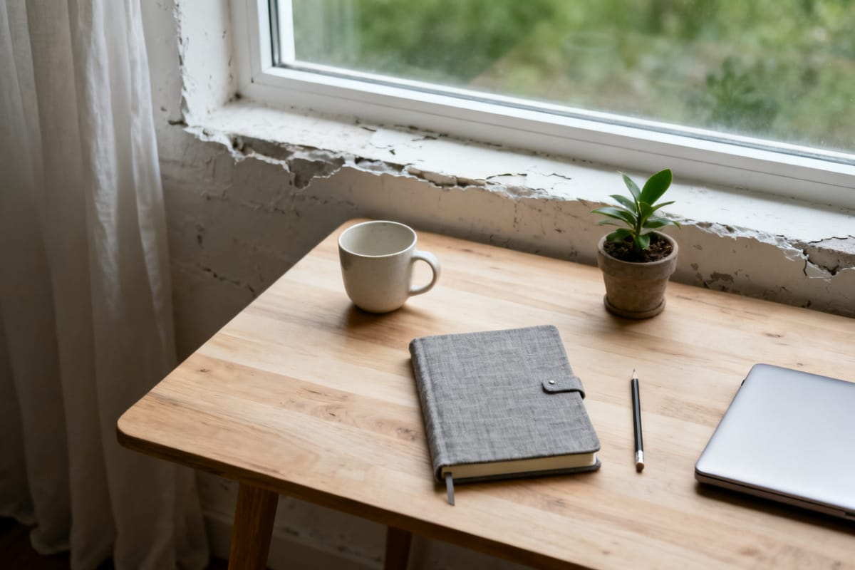 Aufgeräumter heller Arbeitstisch am Fenster mit Tasse, geschlossenem Notizbuch und Zimmerpflanze