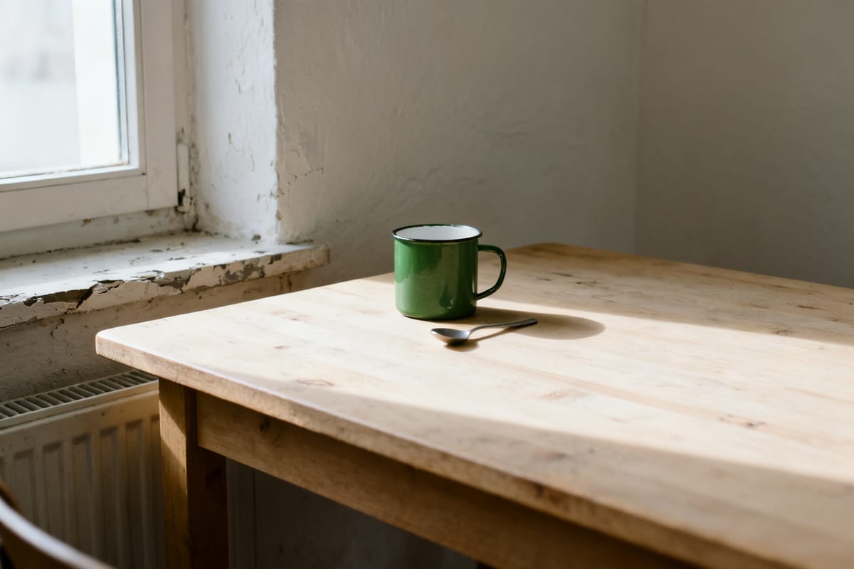 Leerer heller Holztisch am Fenster mit einem einzelnen grünen Emailbecher