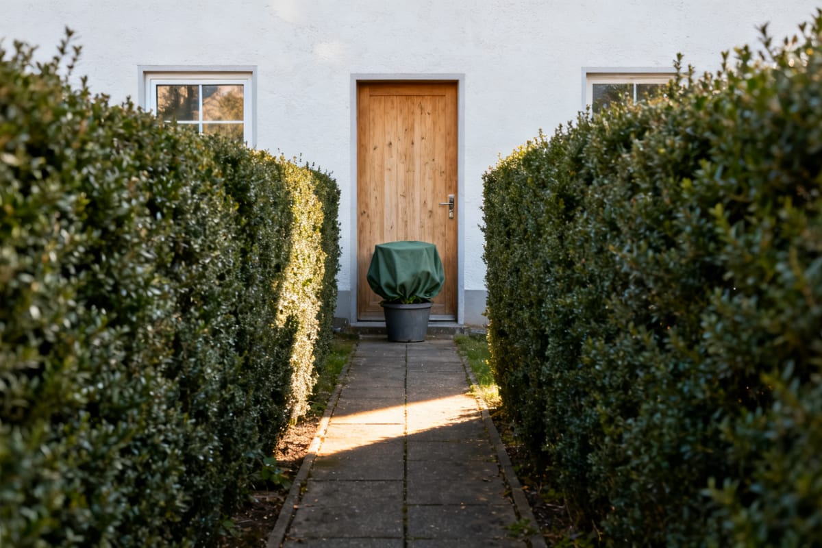 Schmaler Plattenweg zwischen zwei Hecken, der auf eine helle Hauswand mit Holztür zuführt