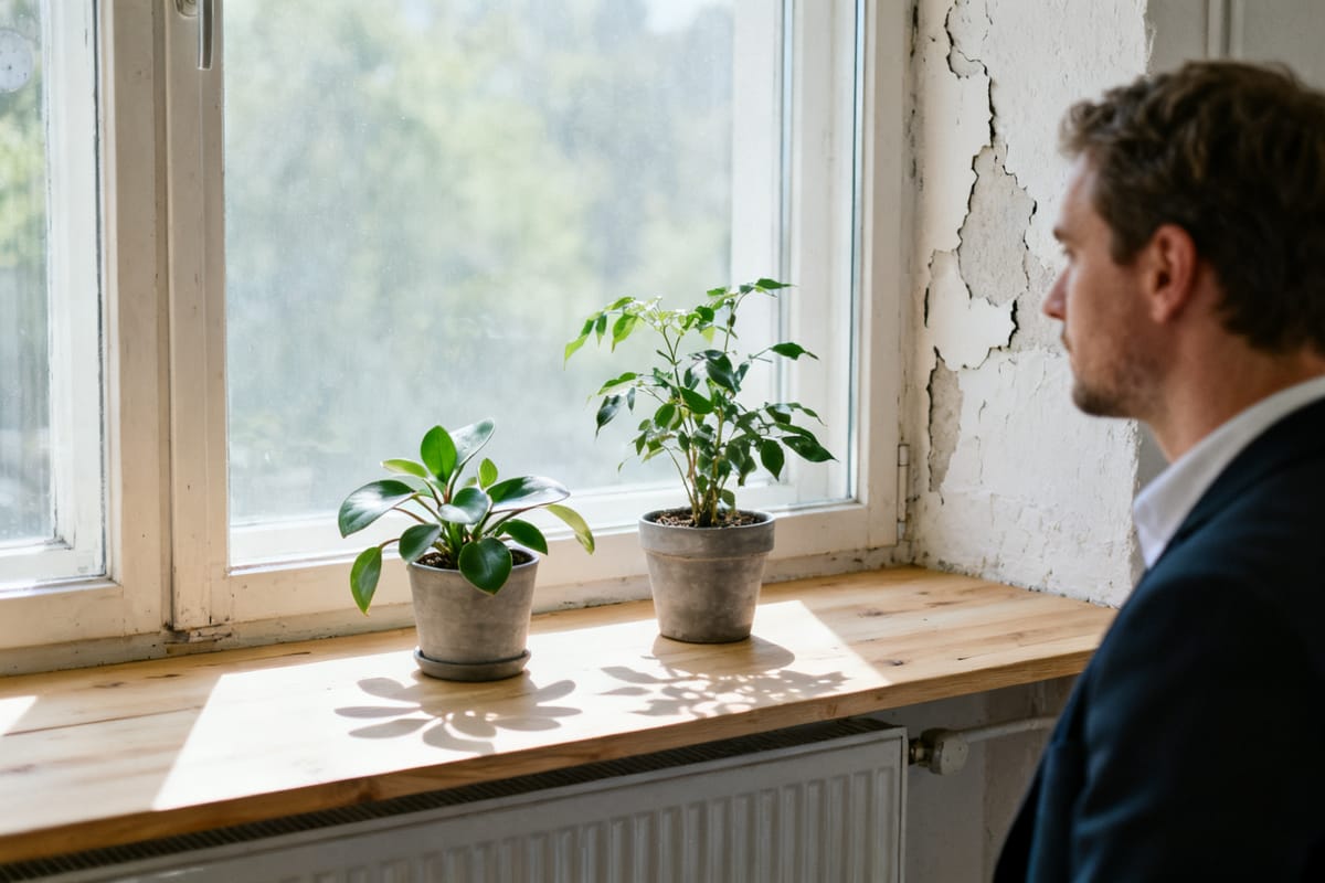 Helle Fensterbank mit drei Zimmerpflanzen in Tontöpfen