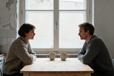 Zwei Menschen im Halbprofil an einem hellen Küchentisch am Fenster, zwischen ihnen zwei Tassen