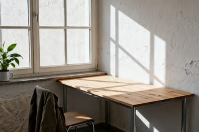 Klar begrenztes Lichtfeld eines Sprossenfensters auf einer weißen Wand und einer Tischplatte
