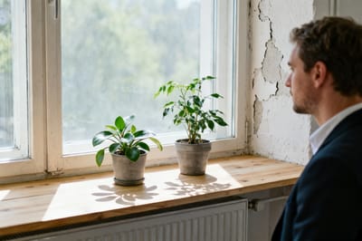 Helle Fensterbank mit drei Zimmerpflanzen in Tontöpfen